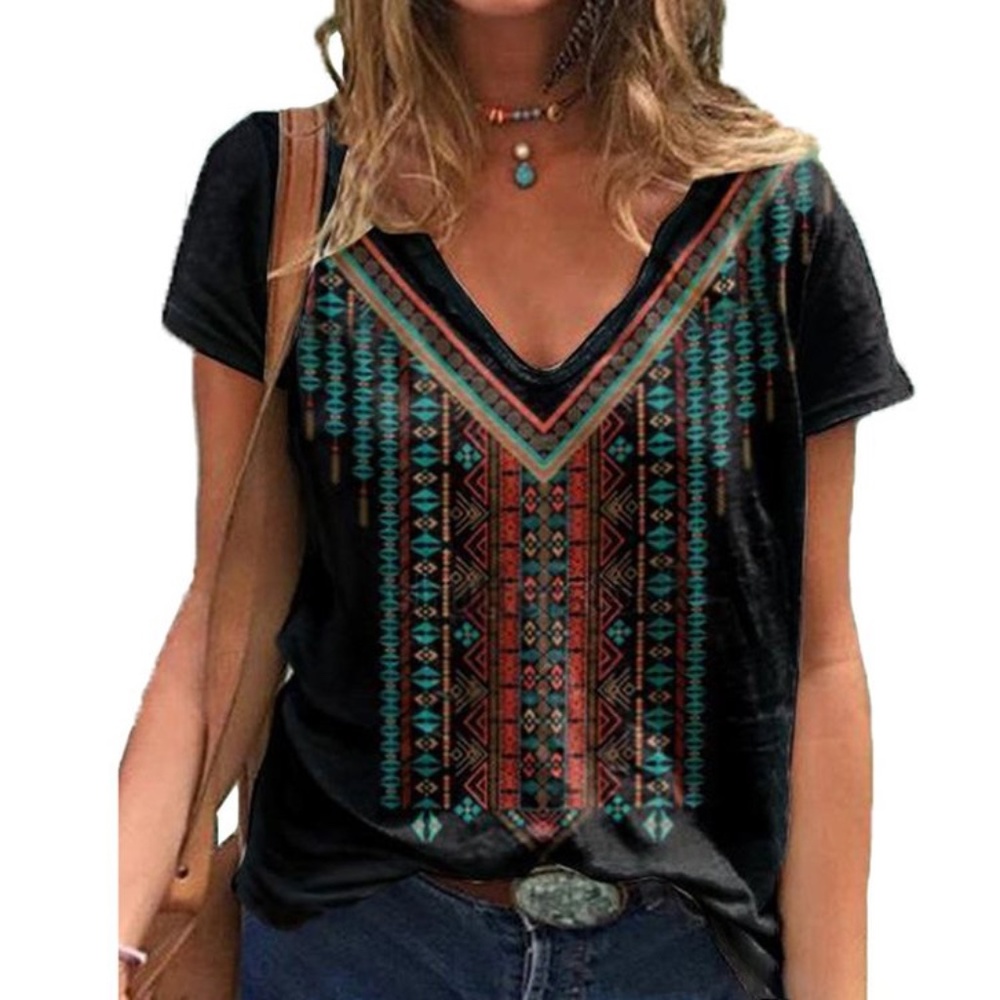 Boho print V neck T-shirt black blue red size L. NWT
